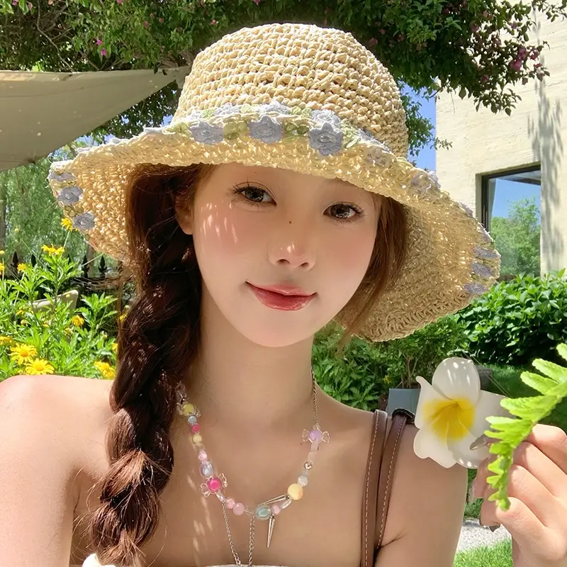 Foldable Straw Fishing Cap Women's Beach Vacation Hat Large Brim Sunshade Mint Wave Flower Woven Hat UV Protection Hat