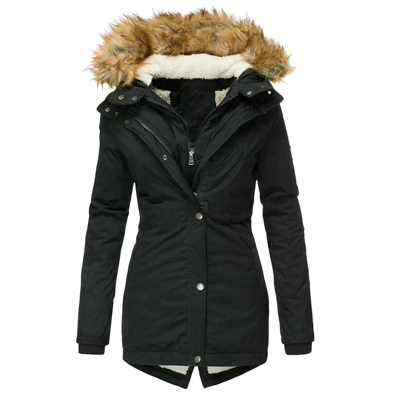 Women's Winter Warm Hooded Slim Fit Cotton Jacket Long Sleeve Fur Collar Coat Zipper Closure Fashionable Outerwear W142