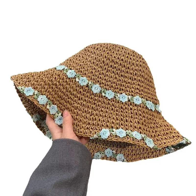 Foldable Straw Fishing Cap Women's Beach Vacation Hat Large Brim Sunshade Mint Wave Flower Woven Hat UV Protection Hat
