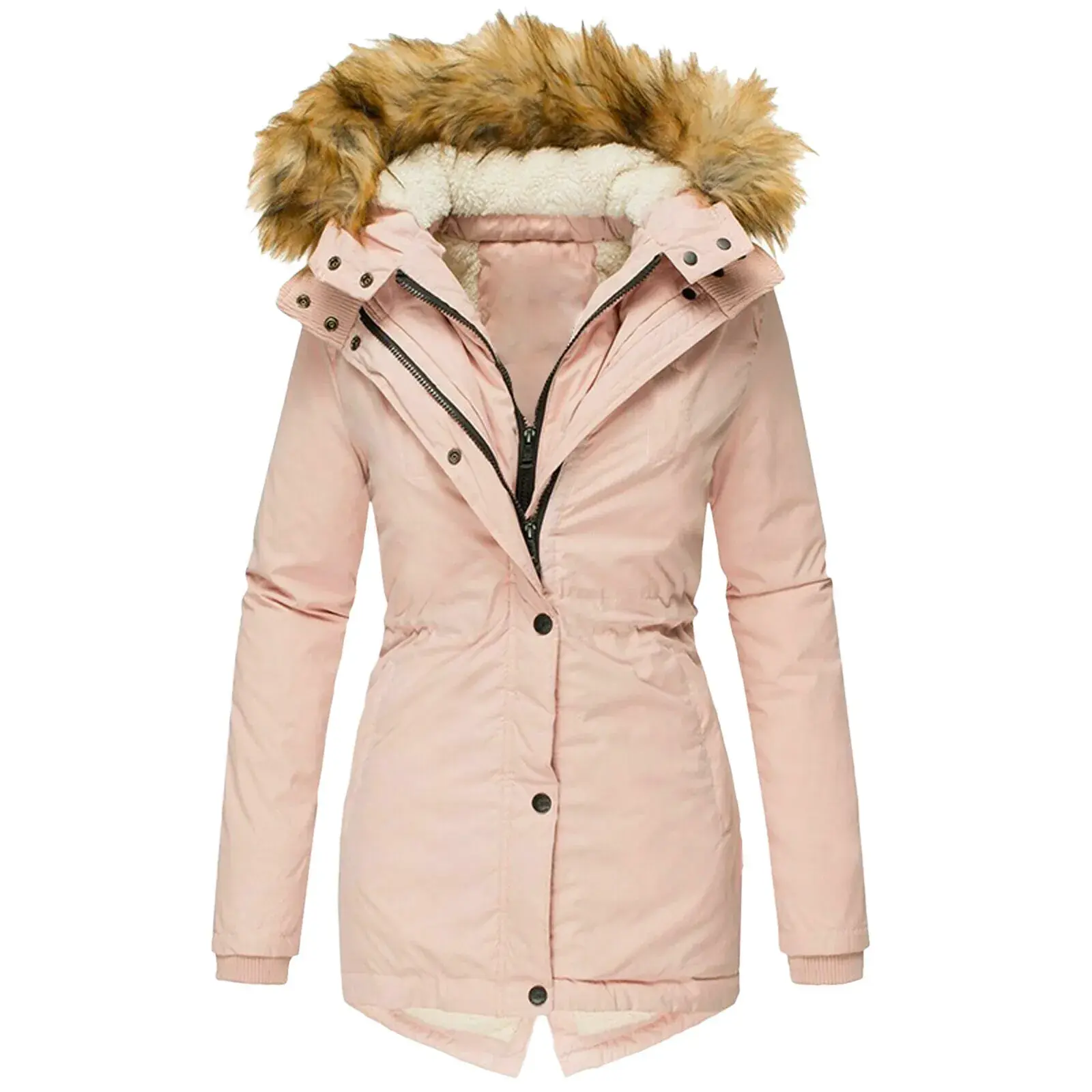 Women's Winter Warm Hooded Slim Fit Cotton Jacket Long Sleeve Fur Collar Coat Zipper Closure Fashionable Outerwear W142