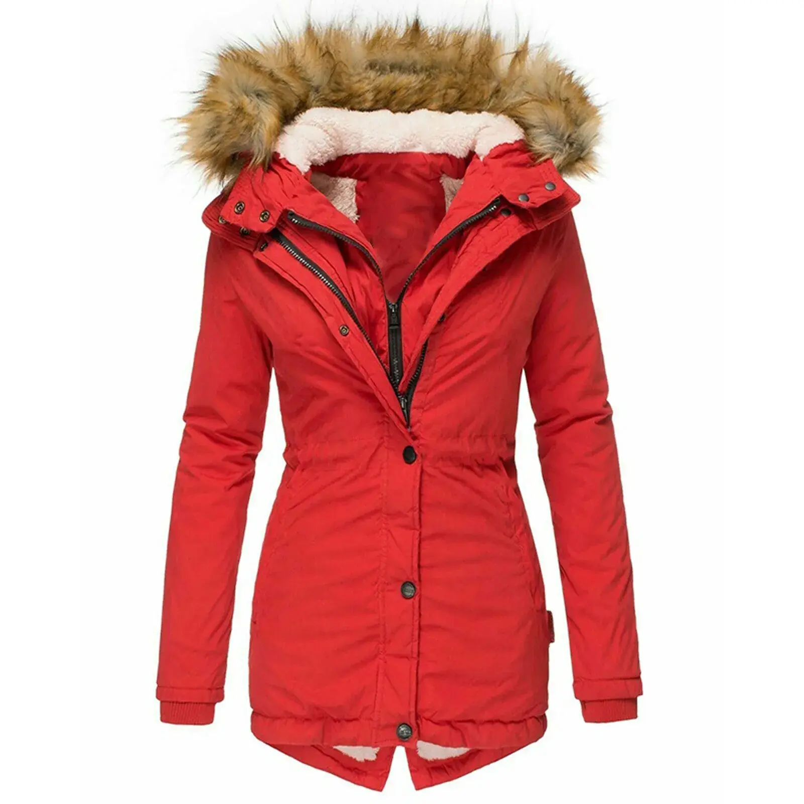 Women's Winter Warm Hooded Slim Fit Cotton Jacket Long Sleeve Fur Collar Coat Zipper Closure Fashionable Outerwear W142