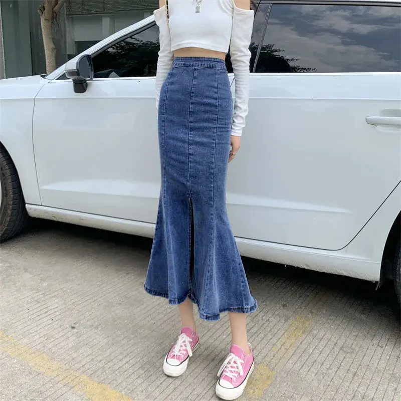 Denimfish High-Waisted Slimming Stretch Bodycon Skirt For Women New Summer Style Side Slit Medium-Length Siouhet Boosts Shape