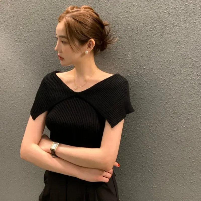 Korean Style Chic Summer Short Sleeve Knitwear Women's Slim Fit Elastic Collar Two-Sided Wear Polyester Fiber T-Shirt