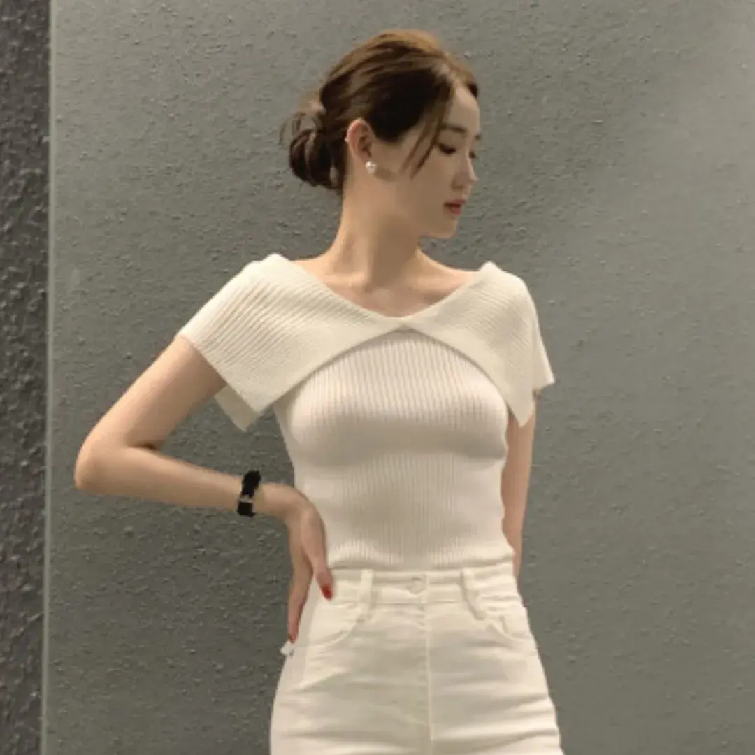 Korean Style Chic Summer Short Sleeve Knitwear Women's Slim Fit Elastic Collar Two-Sided Wear Polyester Fiber T-Shirt