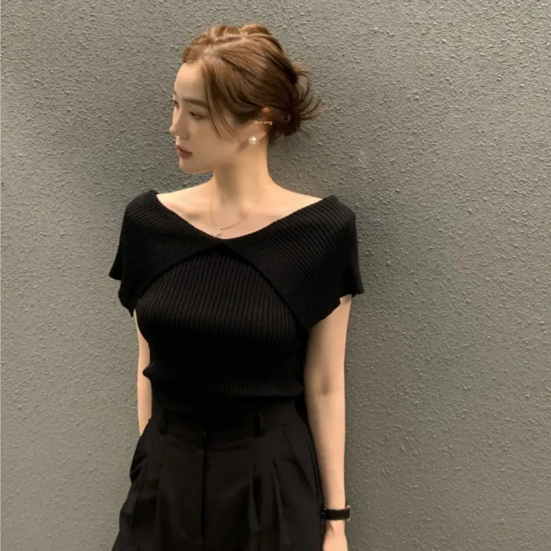 Korean Style Chic Summer Short Sleeve Knitwear Women's Slim Fit Elastic Collar Two-Sided Wear Polyester Fiber T-Shirt