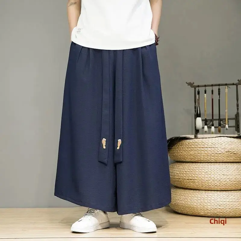 Chiffon Modified Hanfu Pants For Men Loose Fit Casual Bell Bottoms Summer New Straight-leg Pants National Style Vintage Shorts