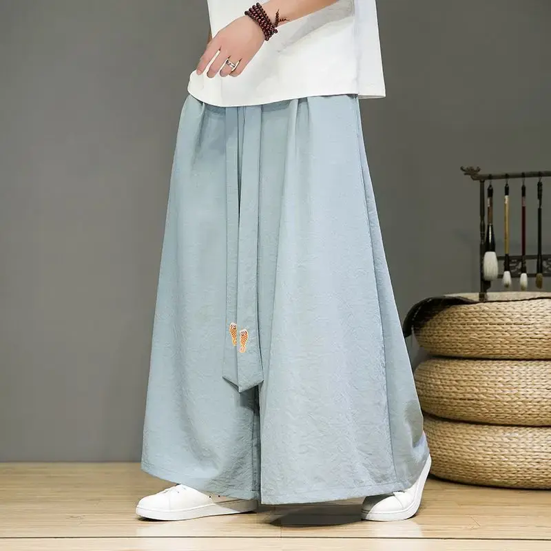 Chiffon Modified Hanfu Pants For Men Loose Fit Casual Bell Bottoms Summer New Straight-leg Pants National Style Vintage Shorts
