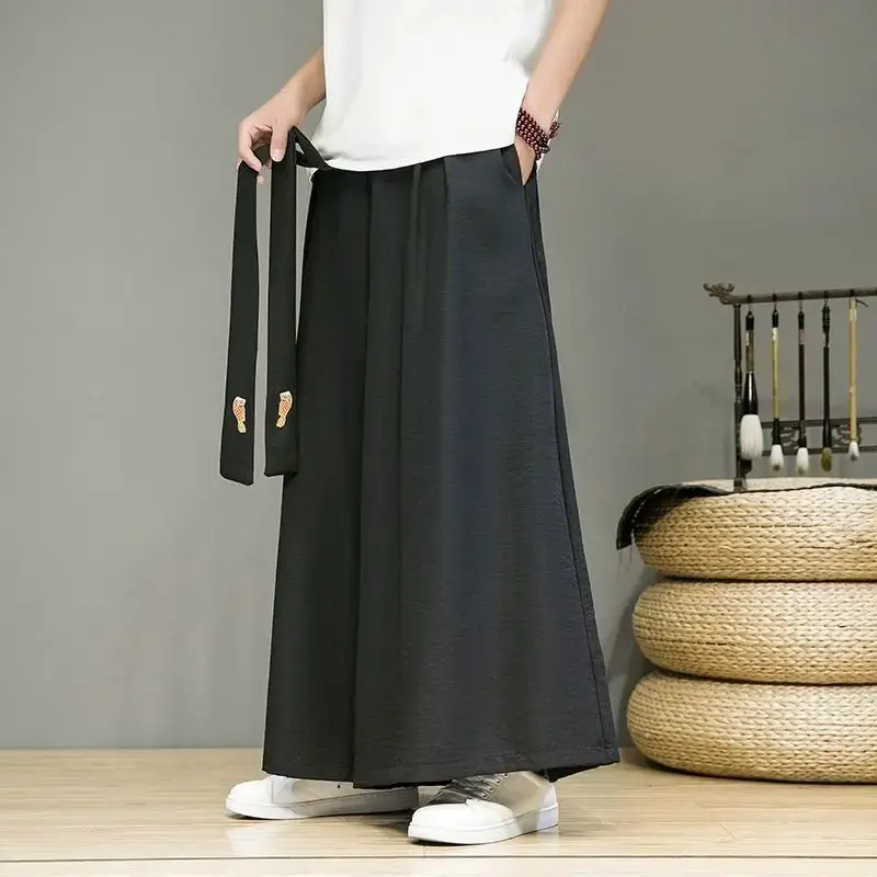 Chiffon Modified Hanfu Pants For Men Loose Fit Casual Bell Bottoms Summer New Straight-leg Pants National Style Vintage Shorts