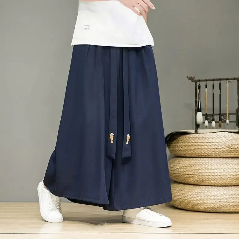 Chiffon Modified Hanfu Pants For Men Loose Fit Casual Bell Bottoms Summer New Straight-leg Pants National Style Vintage Shorts