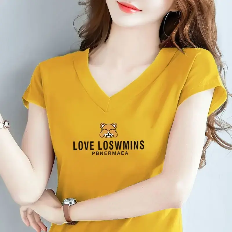 2024 New 100% Cotton Loose Plus size women clothing V-neck Short sleeve T-shirt Middle-Aged Mother Summer Clothing