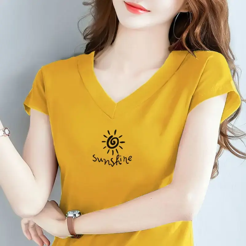 2024 New 100% Cotton Loose Plus size women clothing V-neck Short sleeve T-shirt Middle-Aged Mother Summer Clothing