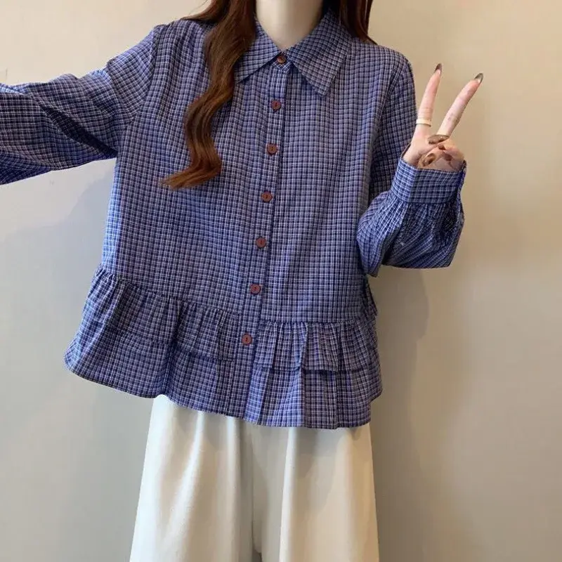 Blue Plaid Loose Fit Sweet Doll Shirt for Women Spring 2025 New Style Bell Sleeve Hem Top Button up Casual Female Blouse