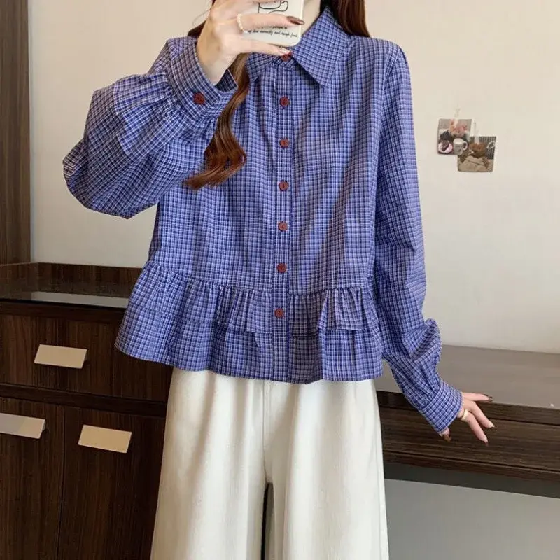 Blue Plaid Loose Fit Sweet Doll Shirt for Women Spring 2025 New Style Bell Sleeve Hem Top Button up Casual Female Blouse