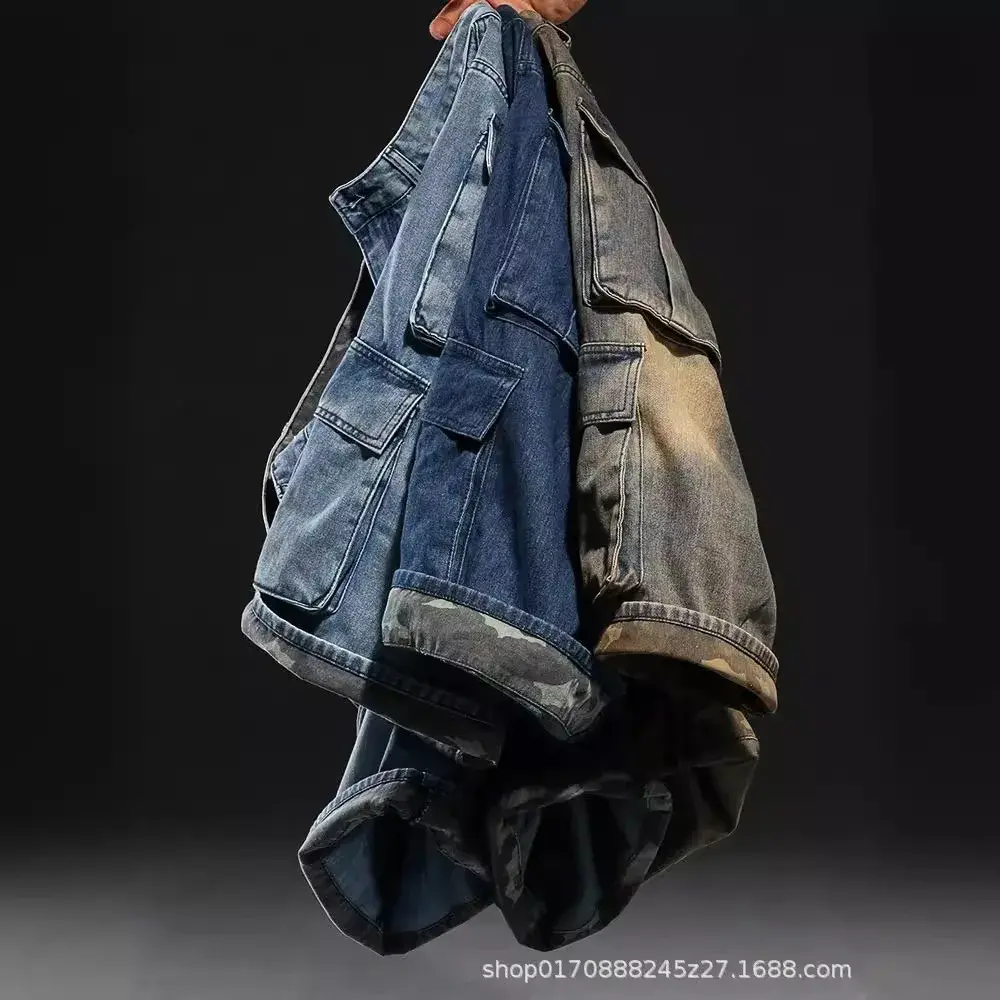 American Style Loose-Fit Denim Shorts With Multiple Pockets For Men Wide-Leg Casual Hip Hop Pants Plus Size Camouflage Edge Trim