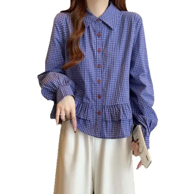 Blue Plaid Loose Fit Sweet Doll Shirt for Women Spring 2025 New Style Bell Sleeve Hem Top Button up Casual Female Blouse