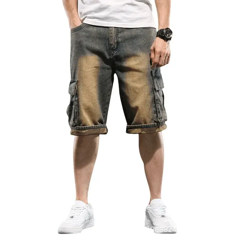 American Style Loose-Fit Denim Shorts With Multiple Pockets For Men Wide-Leg Casual Hip Hop Pants Plus Size Camouflage Edge Trim