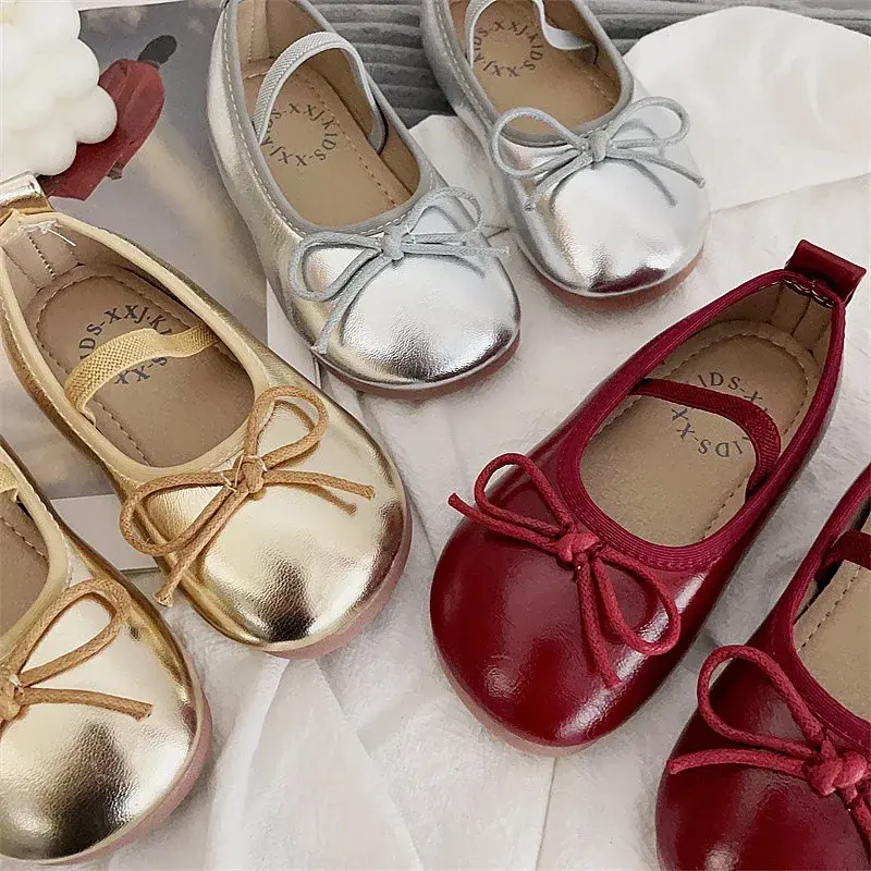 Trendy Women's Children's Leather Shoes Silver Princess Soft-Soled Beans Shoes Red Single Shoe Summer Season New Arrival