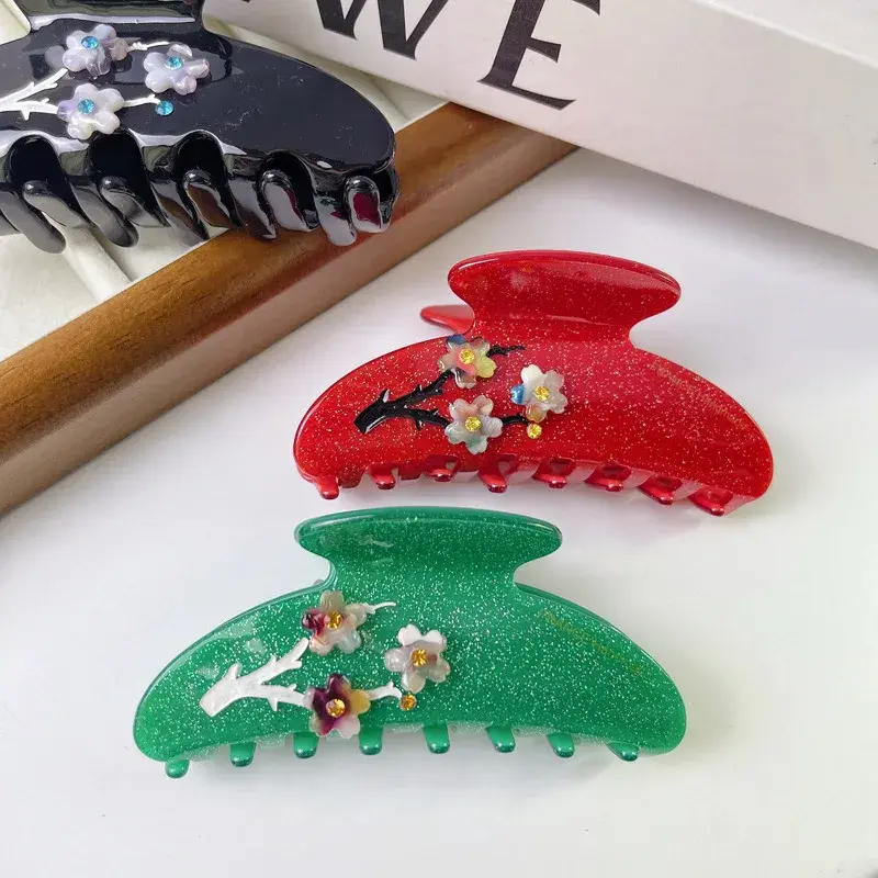 Elegant Diamond Embedded Plum Blossom Hair Clip Stylish Acetate Shark Clamp Women's Hair Accessories Professional Salon Hair Gri