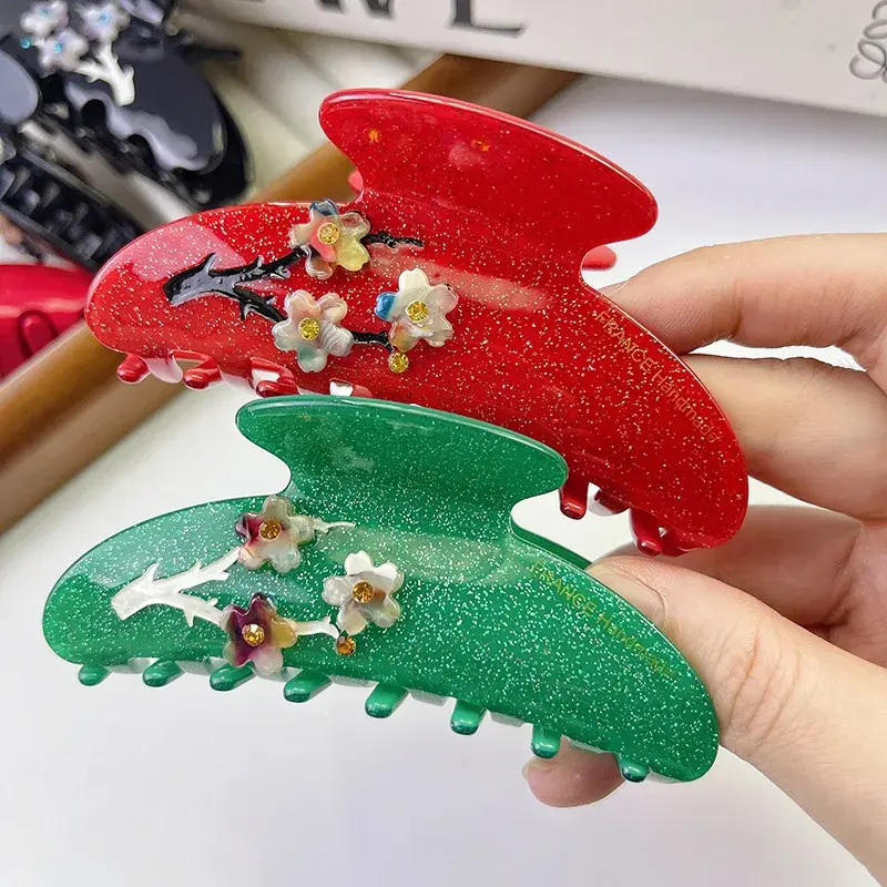 Elegant Diamond Embedded Plum Blossom Hair Clip Stylish Acetate Shark Clamp Women's Hair Accessories Professional Salon Hair Gri