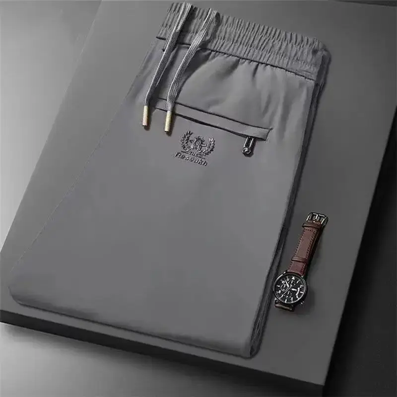 Men's Ice Silk Pants Elastic Waist Comfortable Casual Pants Loose Fit Sports Thin Straight Leg Long For Middle-aged Men