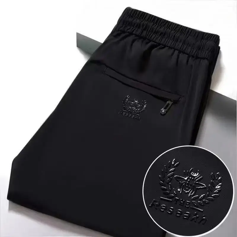 Men's Ice Silk Pants Elastic Waist Comfortable Casual Pants Loose Fit Sports Thin Straight Leg Long For Middle-aged Men
