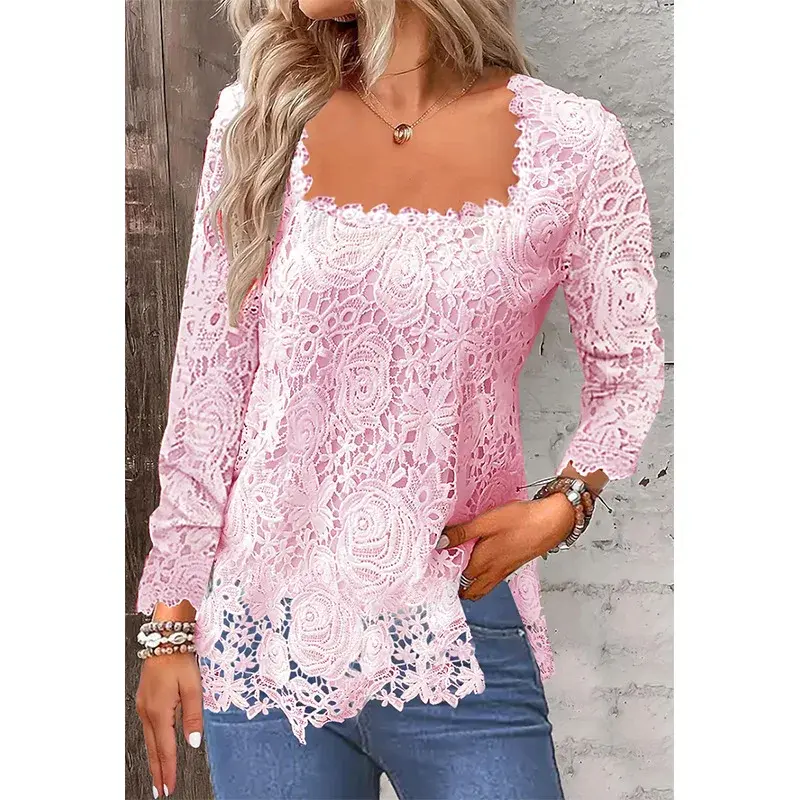 Fashionable Pure Color Square Collar Lace Short Sleeve T-Shirt Women's New Arrival 2025 Elegant Simple Design Full Length Sleeve