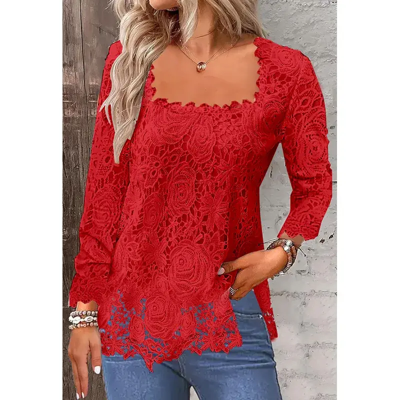 Fashionable Pure Color Square Collar Lace Short Sleeve T-Shirt Women's New Arrival 2025 Elegant Simple Design Full Length Sleeve