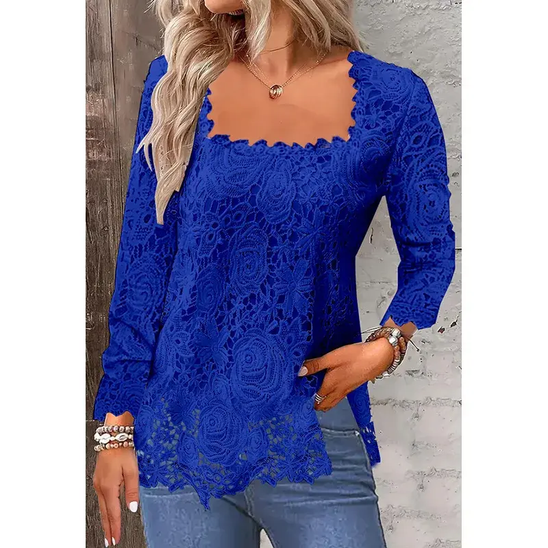 Fashionable Pure Color Square Collar Lace Short Sleeve T-Shirt Women's New Arrival 2025 Elegant Simple Design Full Length Sleeve