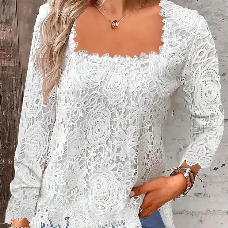 Fashionable Pure Color Square Collar Lace Short Sleeve T-Shirt Women's New Arrival 2025 Elegant Simple Design Full Length Sleeve