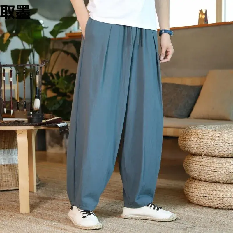 Loose-Fit Men's Cotton Linen Pants Japanese Vintage Casual Style Wide Leg Harem Pants Bloomers For Plus Size Men