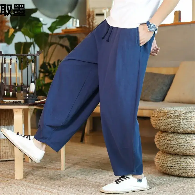 Loose-Fit Men's Cotton Linen Pants Japanese Vintage Casual Style Wide Leg Harem Pants Bloomers For Plus Size Men