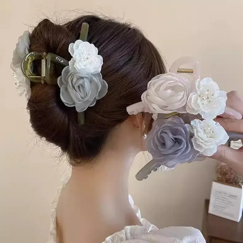 Elegant Tea Rose Hair Clip Women's New Chinese Style High-End Sensation Back of Head Bun Clip Shark Fin Clip Professional Salon