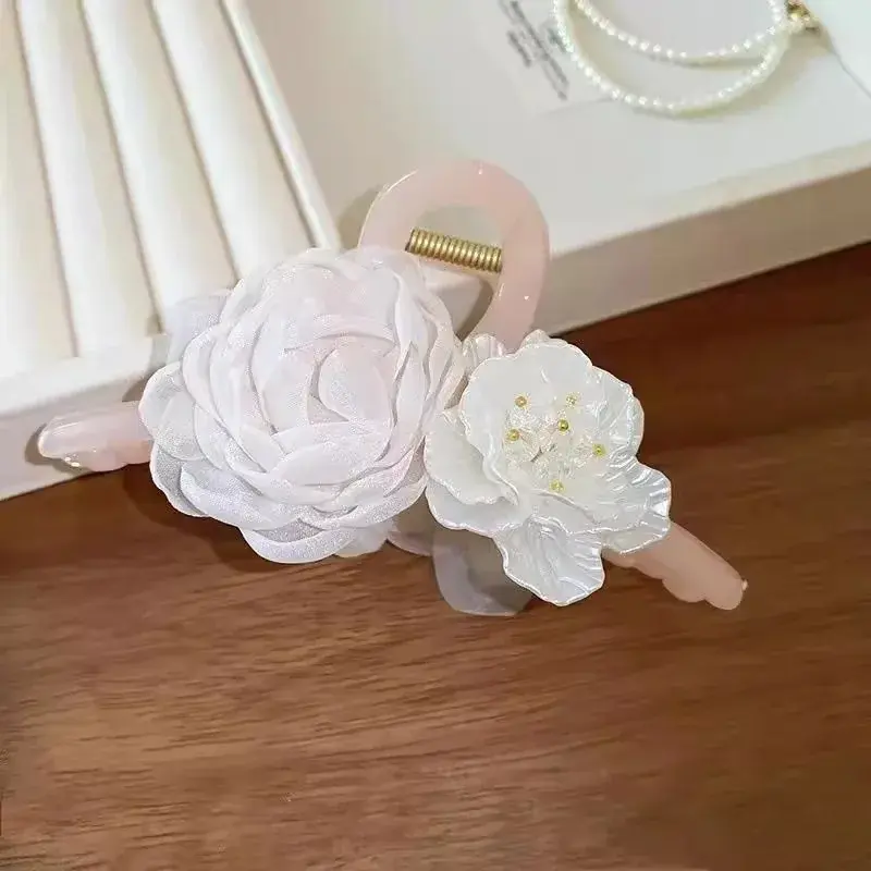 Elegant Tea Rose Hair Clip Women's New Chinese Style High-End Sensation Back of Head Bun Clip Shark Fin Clip Professional Salon