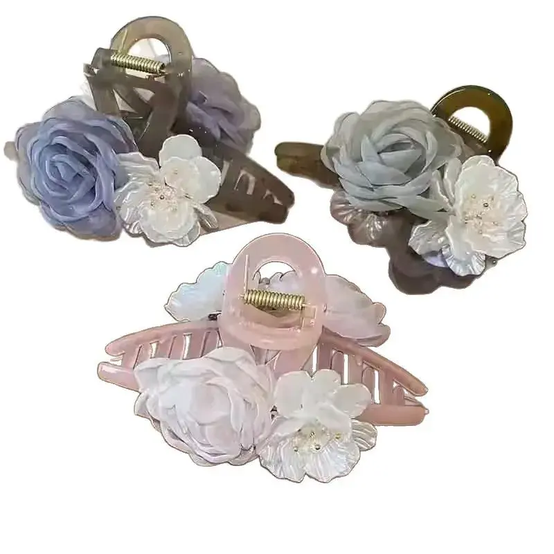 Elegant Tea Rose Hair Clip Women's New Chinese Style High-End Sensation Back of Head Bun Clip Shark Fin Clip Professional Salon