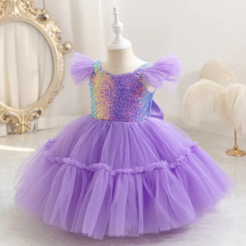 International Children's Fly Fly Sleeve Dress Women's Party Host Gown Floral Child Wedding Balloon Skirt Performance Costume