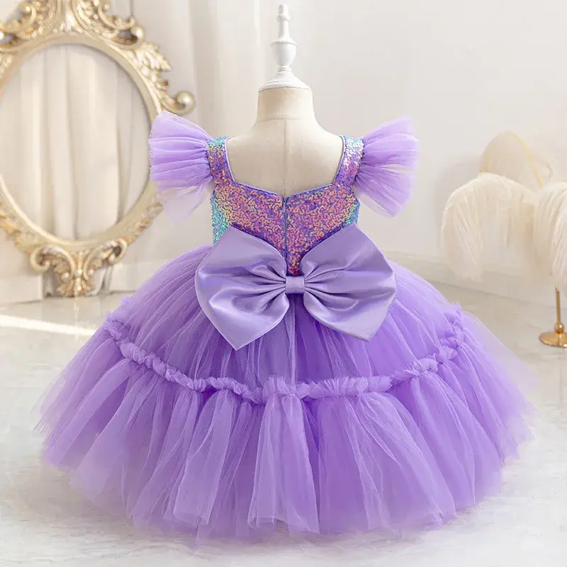 International Children's Fly Fly Sleeve Dress Women's Party Host Gown Floral Child Wedding Balloon Skirt Performance Costume