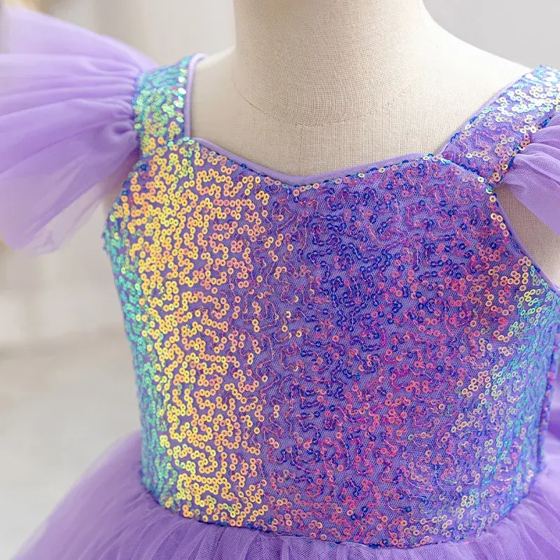 International Children's Fly Fly Sleeve Dress Women's Party Host Gown Floral Child Wedding Balloon Skirt Performance Costume
