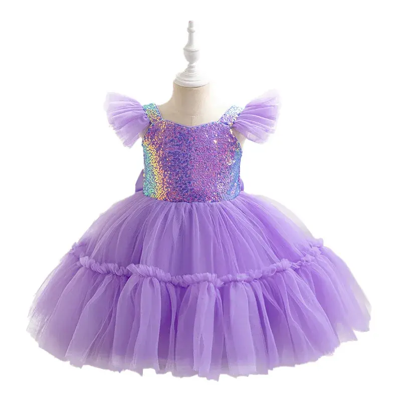International Children's Fly Fly Sleeve Dress Women's Party Host Gown Floral Child Wedding Balloon Skirt Performance Costume