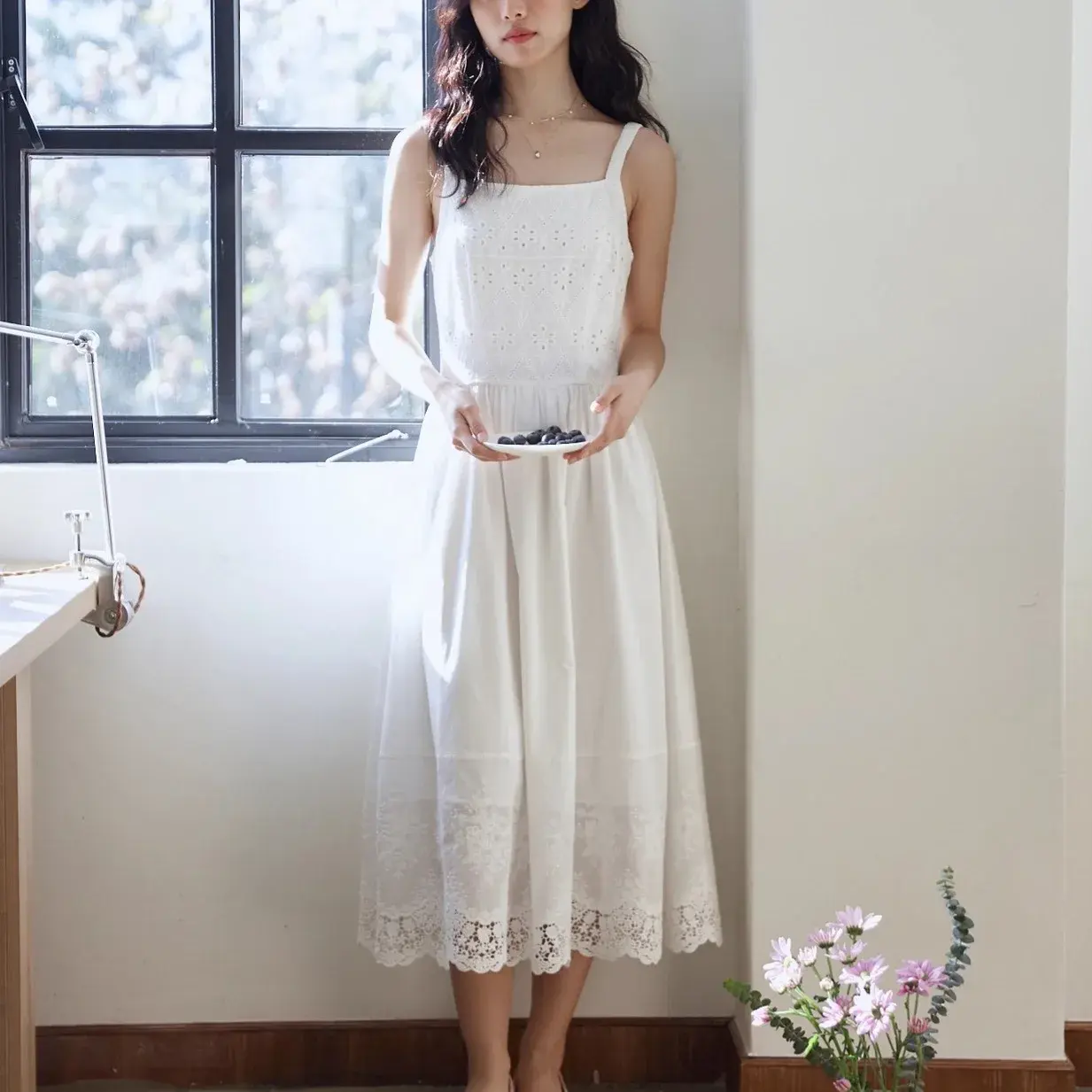 Elastic Strap Long Cotton Embroidered French Forest Style Slimming A- Line Dress Comfortable Breathable Knee-Length Sundress