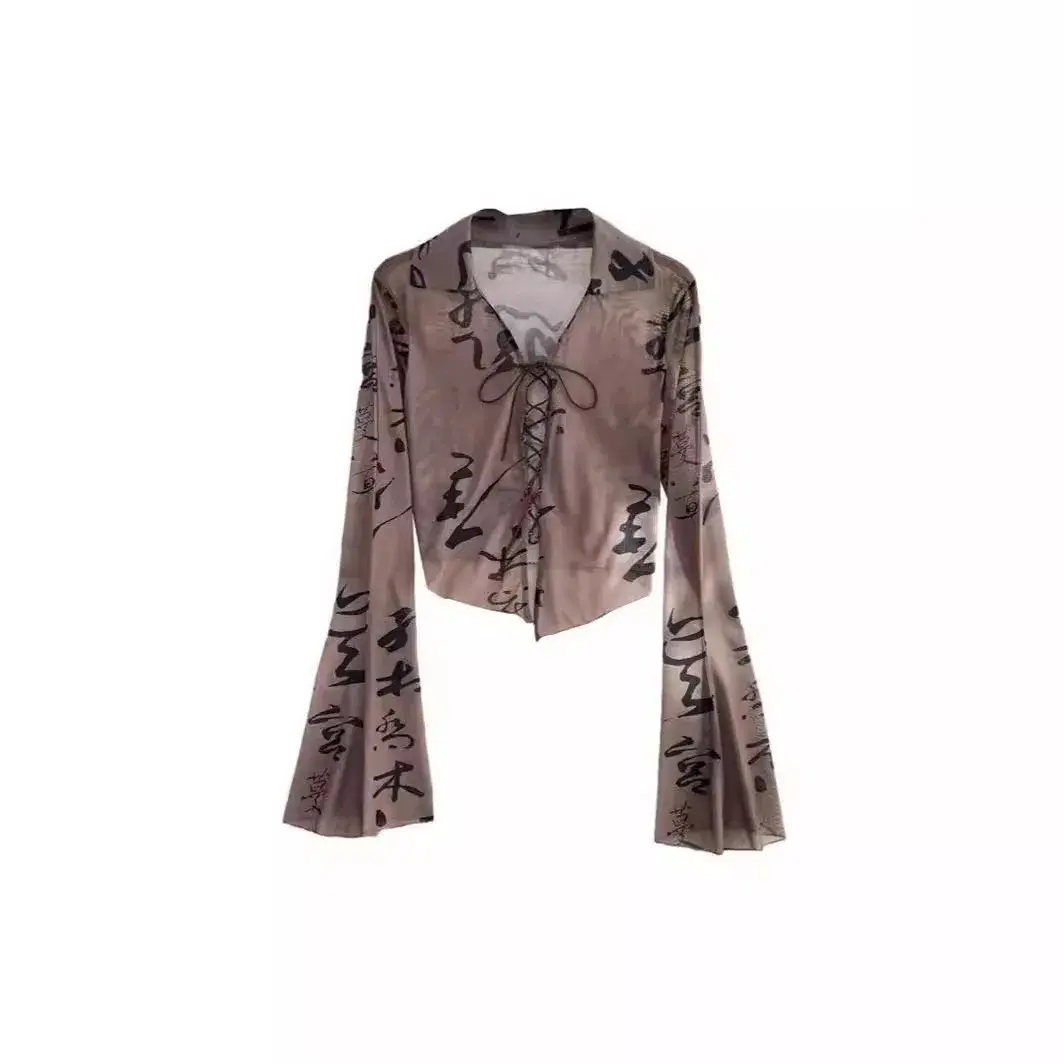 Vintage Sexy Flare Sleeve Mesh Shirt Women's Spring Autumn Cardigan Top American Style Printing Irregular Strapless T-Shirt