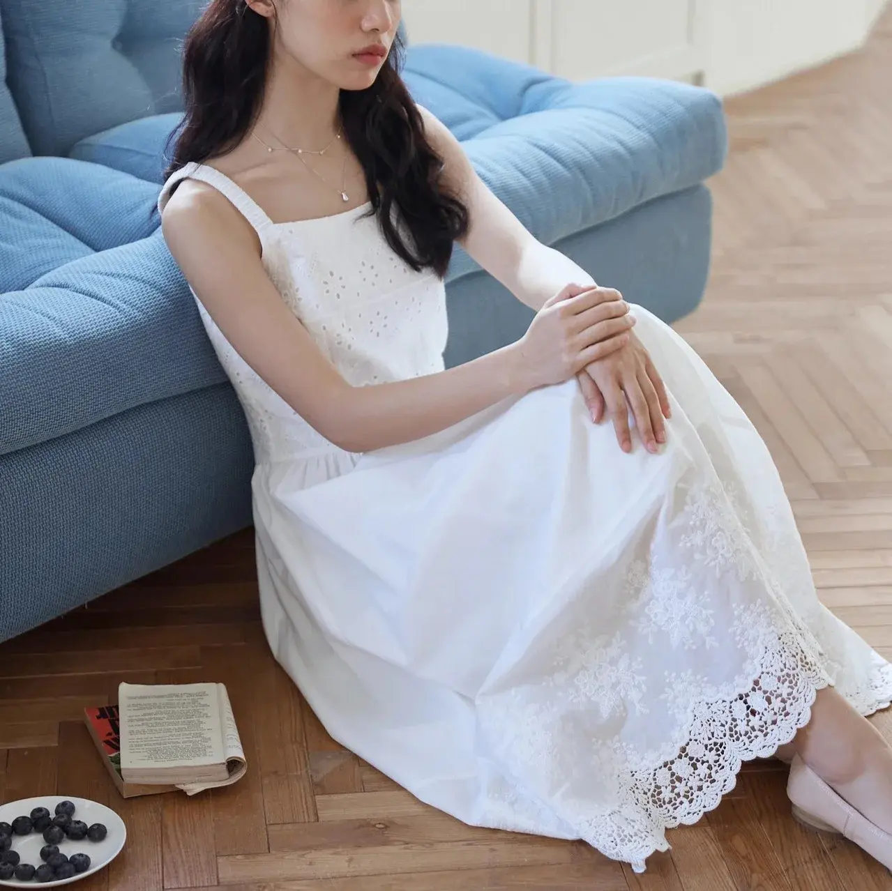 Elastic Strap Long Cotton Embroidered French Forest Style Slimming A- Line Dress Comfortable Breathable Knee-Length Sundress