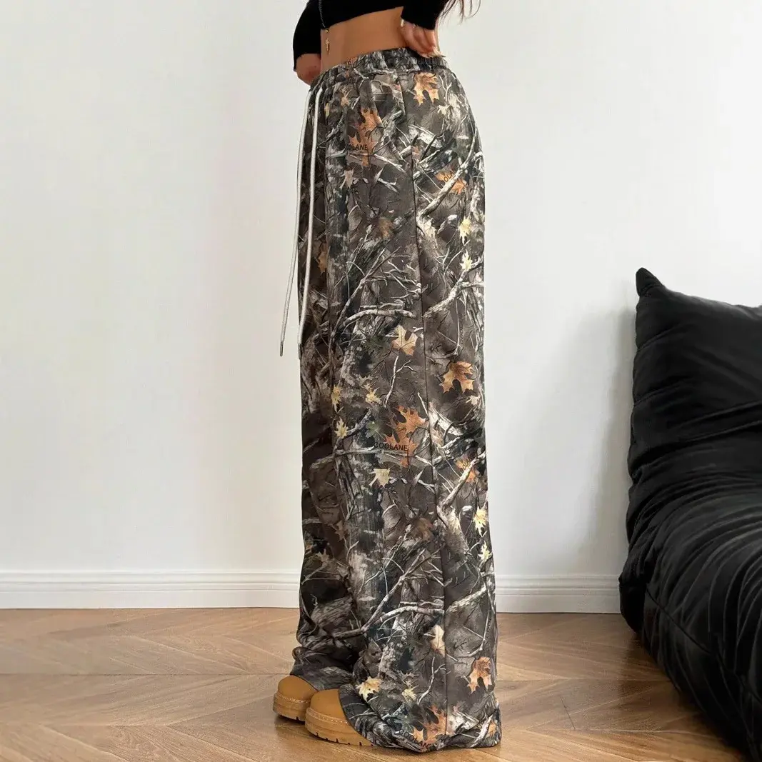 2024 New Fashion Casual Camouflage Print Elastic Waist Wide Leg Pants for Teenagers Long Draping Trousers Slimming Effect