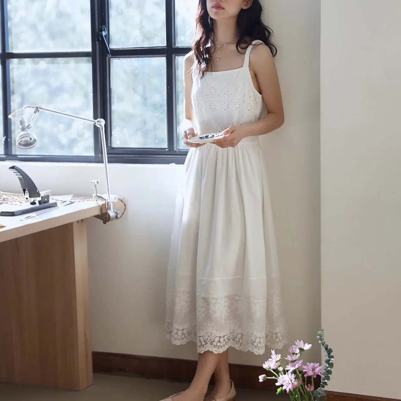Elastic Strap Long Cotton Embroidered French Forest Style Slimming A- Line Dress Comfortable Breathable Knee-Length Sundress