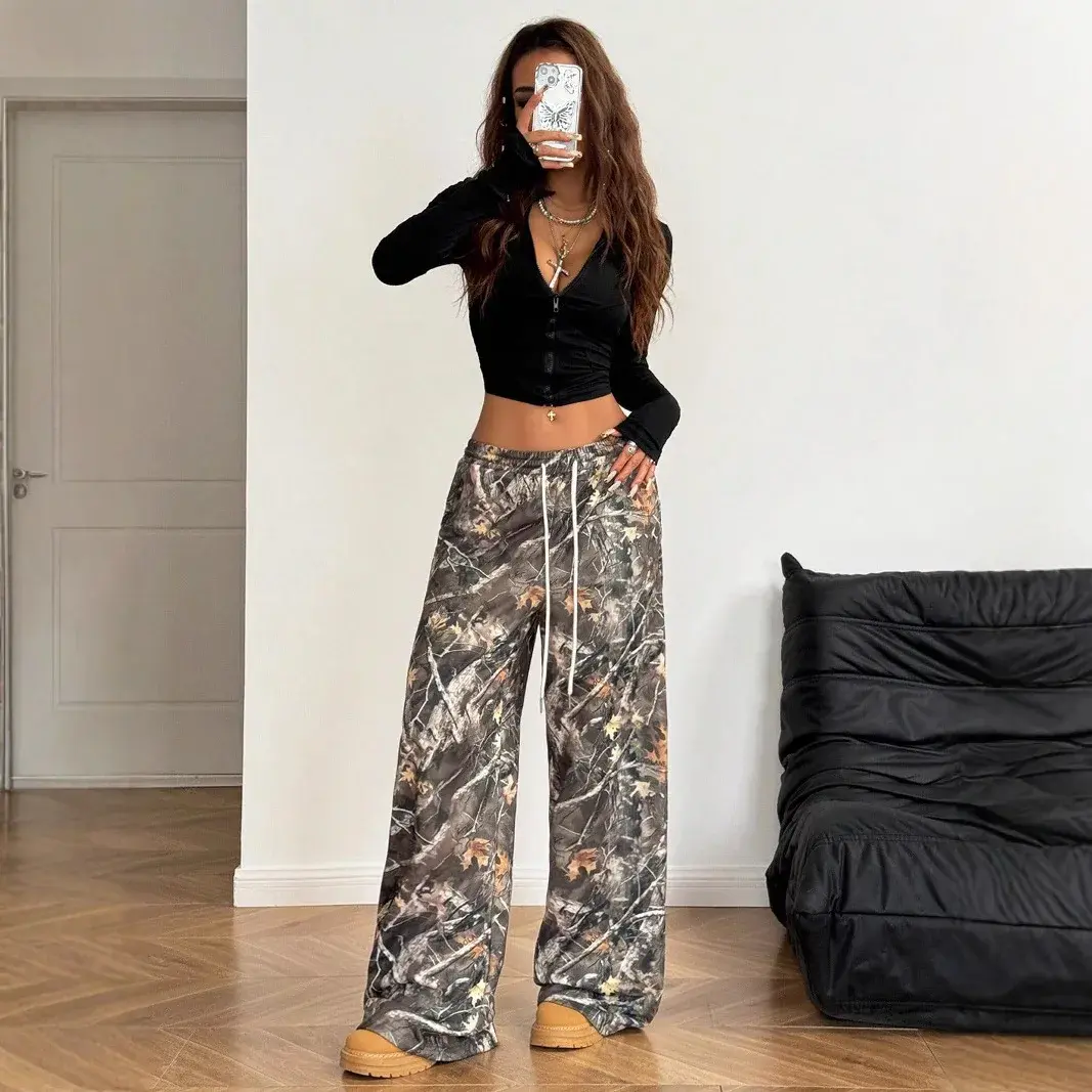 2024 New Fashion Casual Camouflage Print Elastic Waist Wide Leg Pants for Teenagers Long Draping Trousers Slimming Effect