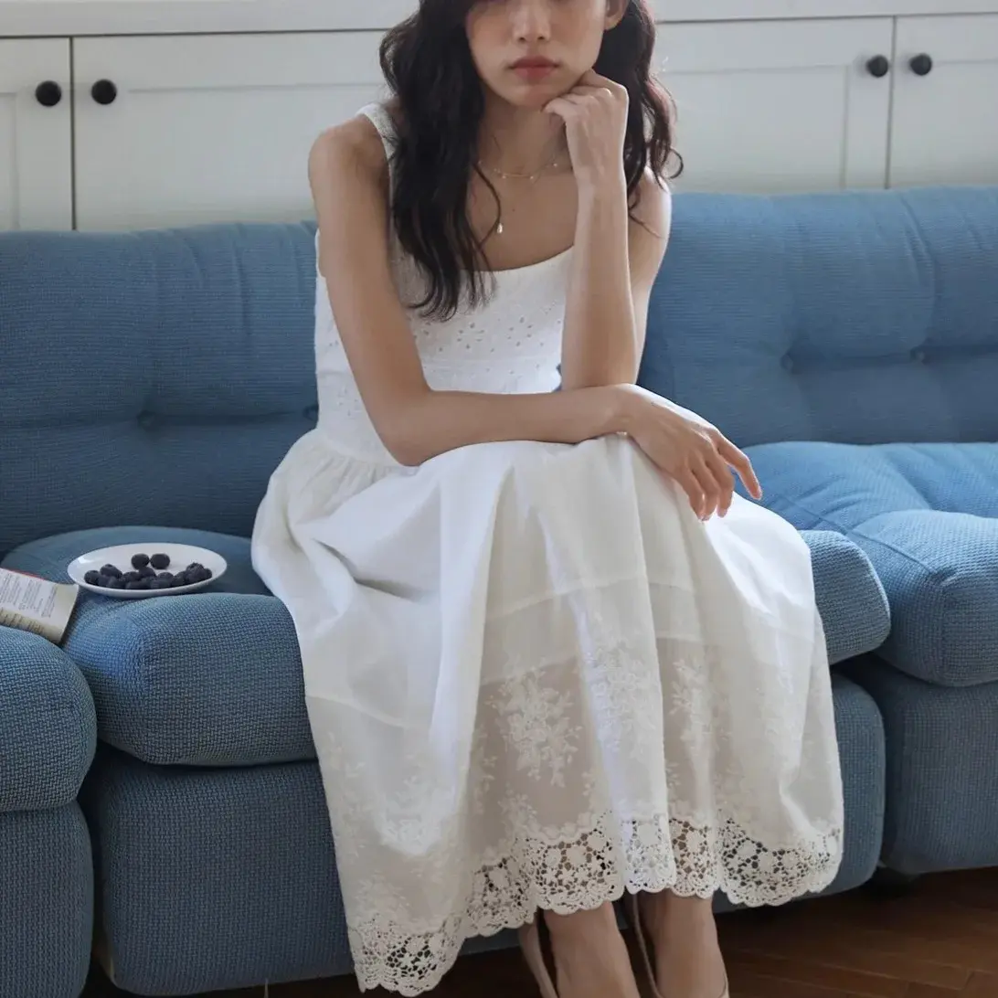 Elastic Strap Long Cotton Embroidered French Forest Style Slimming A- Line Dress Comfortable Breathable Knee-Length Sundress