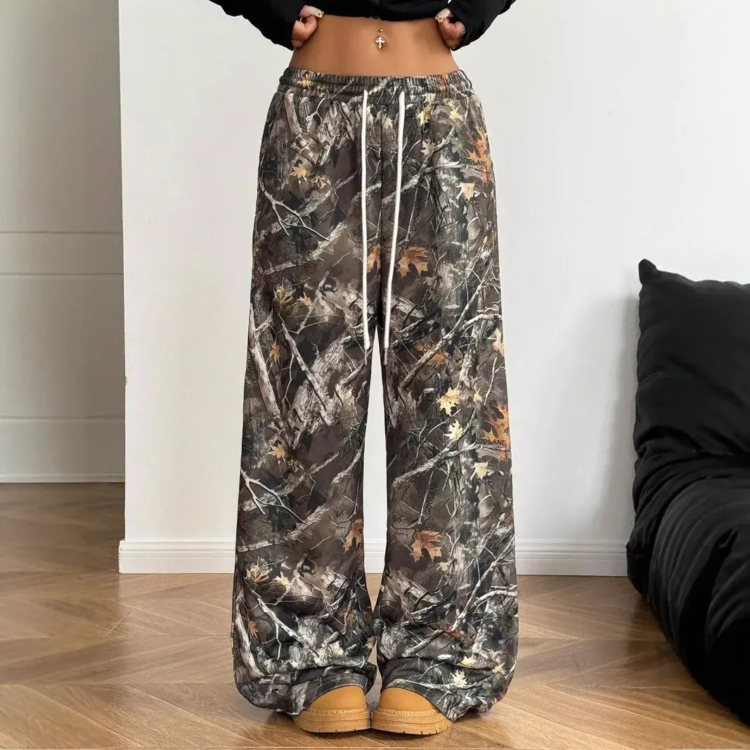 2024 New Fashion Casual Camouflage Print Elastic Waist Wide Leg Pants for Teenagers Long Draping Trousers Slimming Effect