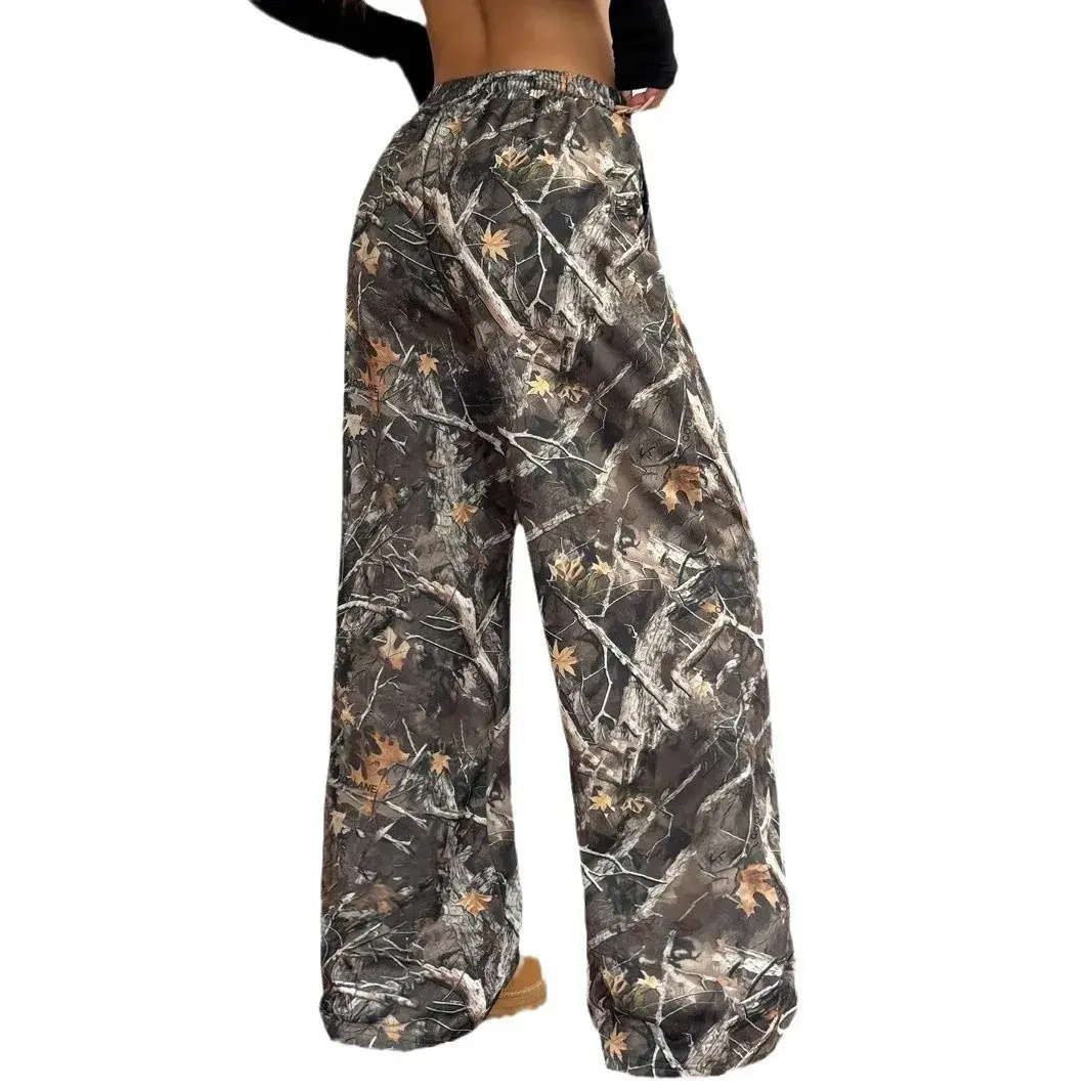 2024 New Fashion Casual Camouflage Print Elastic Waist Wide Leg Pants for Teenagers Long Draping Trousers Slimming Effect
