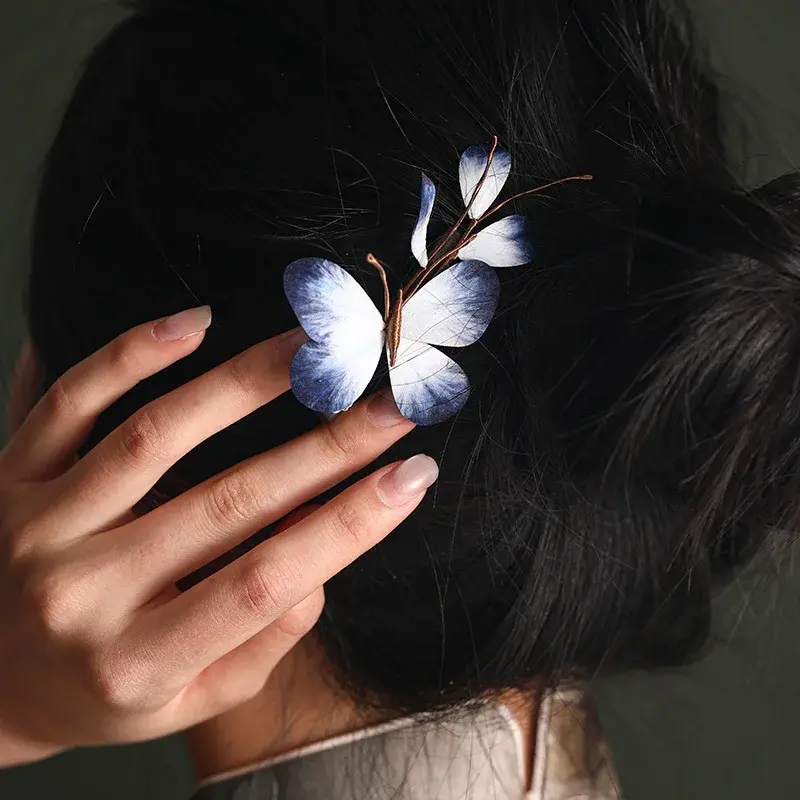 Retro Ink Blue Butterfly Edge Hair Clip Headwear Sandalwood Hair Clamp Elegant National Style Court Accessories Girl Side