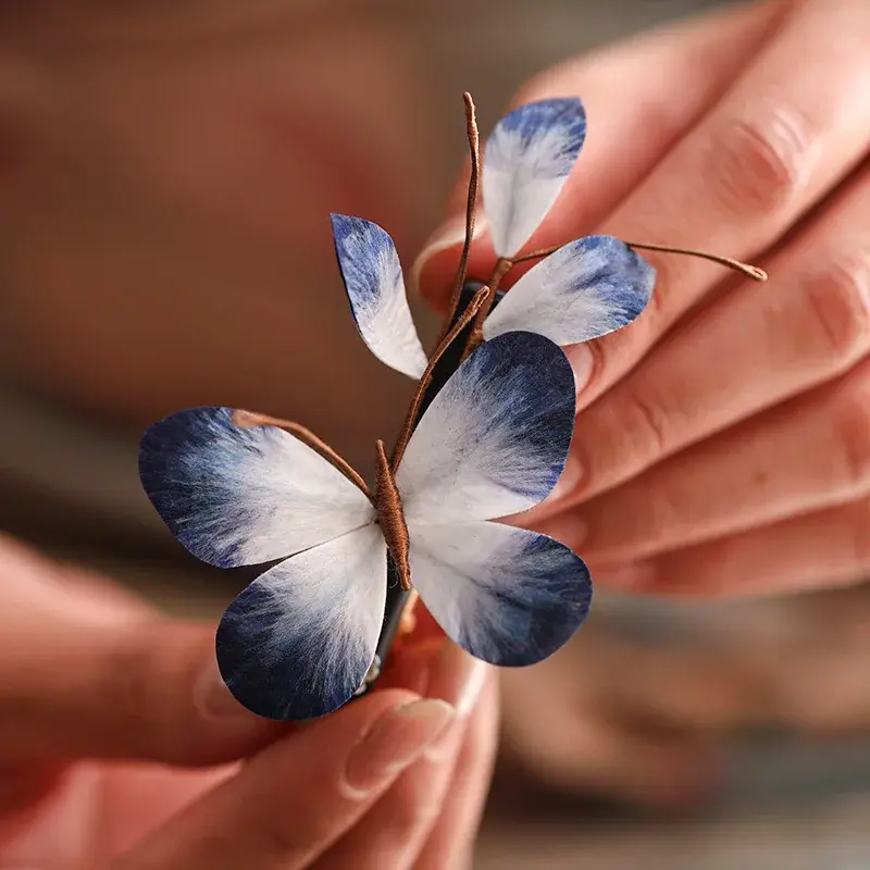 Retro Ink Blue Butterfly Edge Hair Clip Headwear Sandalwood Hair Clamp Elegant National Style Court Accessories Girl Side