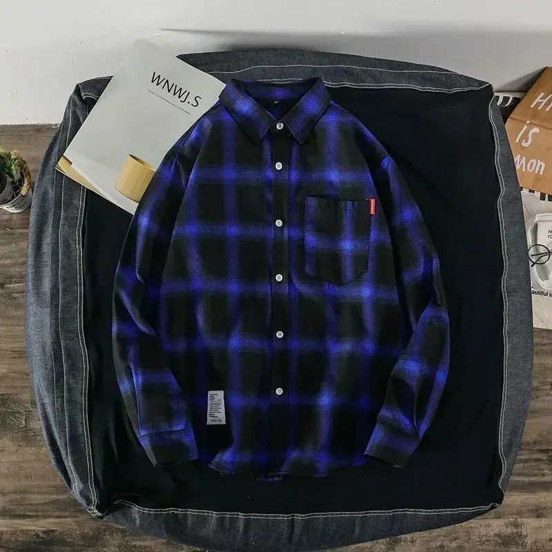 Autumn Hong Kong Style Men's Long Sleeve Plaid Shirt Trendy Korean Version Casual Couple's Top Casual Jacket